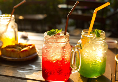 Close-up of drink in mason jar on table