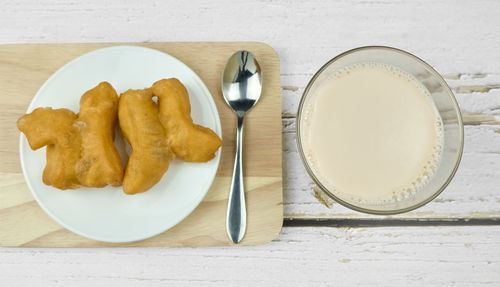 High angle view of breakfast in plate on table