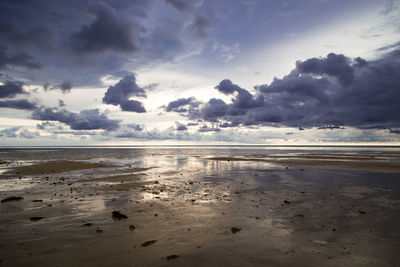 Scenic view of beach against sky during sunset
