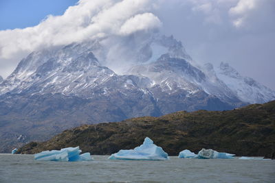 Scenic view of sea and mountains against sky