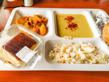 High angle view of food served on table