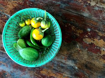 High angle view of fruits in bowl on table