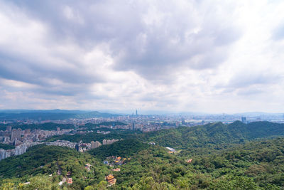 High angle view of buildings against sky