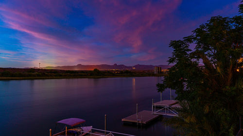 Scenic view of lake against sky at sunset