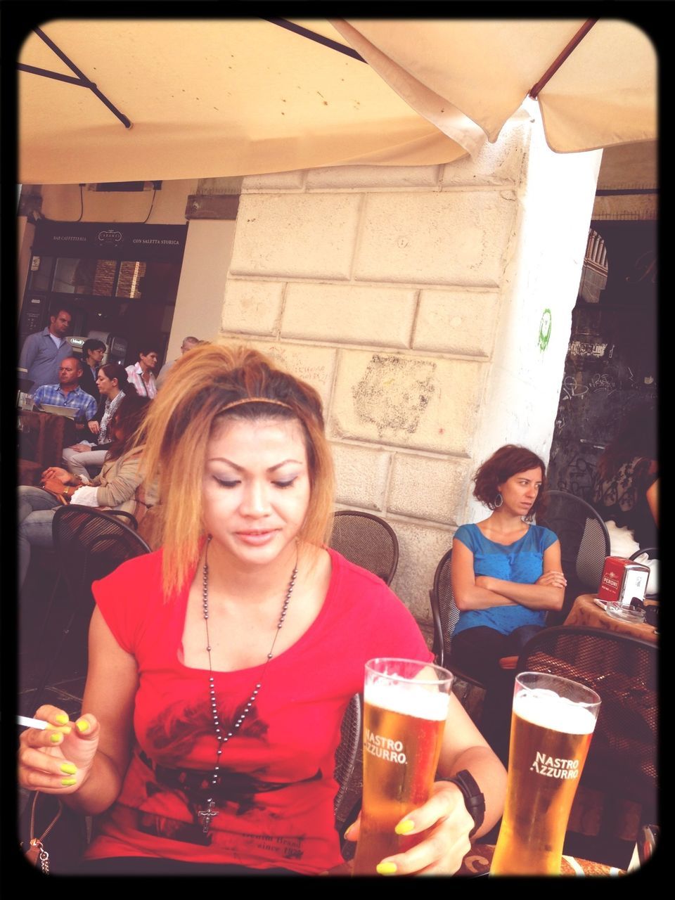 lifestyles, leisure activity, person, young adult, casual clothing, looking at camera, transfer print, smiling, portrait, young women, happiness, front view, standing, sitting, auto post production filter, indoors, togetherness, waist up