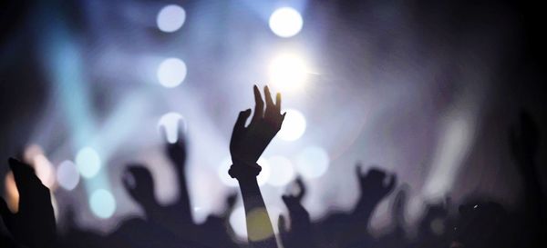 Silhouette arms raised at music concert