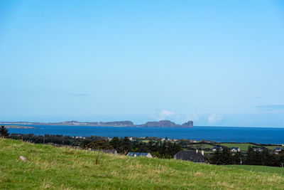 Scenic view of sea against clear blue sky