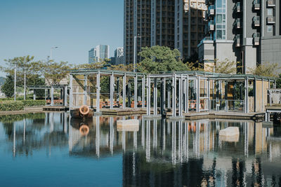 Reflection of buildings in lake against clear sky