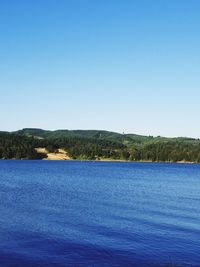 Scenic view of lake against clear blue sky