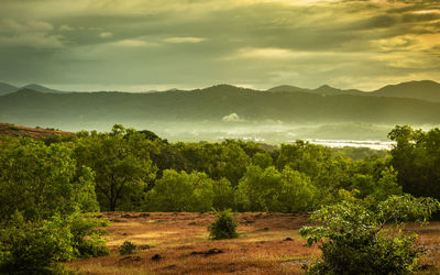 Sunrise view of mountain terrain from flat angel