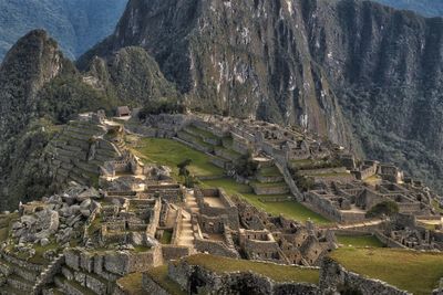 High angle view of old ruins at machu picchu