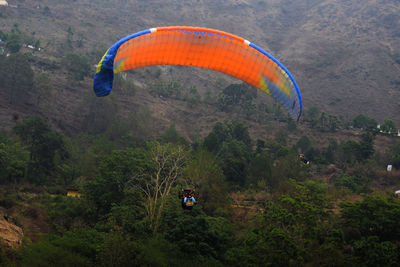 People paragliding against trees on mountain