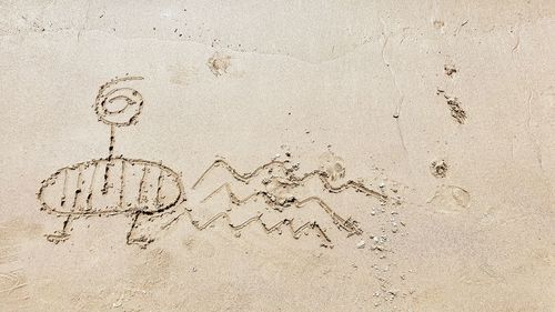 High angle view of text on sand at beach