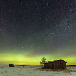 Wooden houses on snowcapped field against aurora borealis in sky