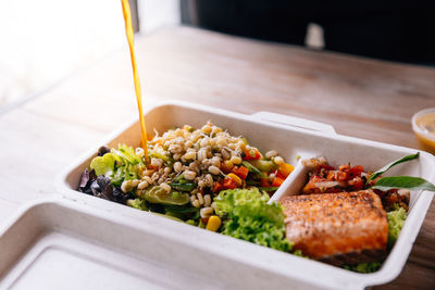 Close-up of food served on table