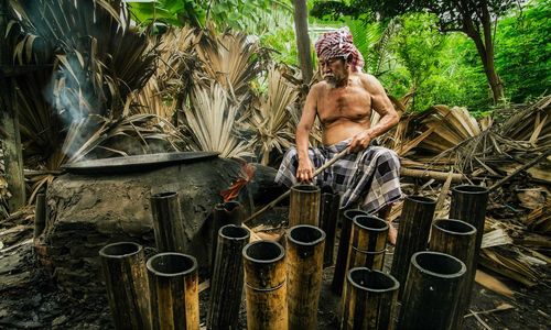 High angle view of man standing by plants