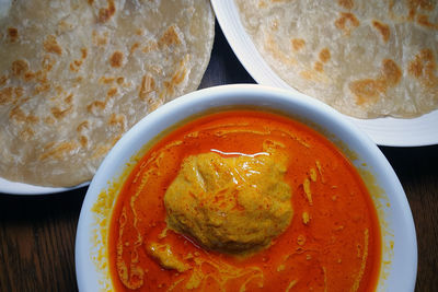 High angle view of soup in bowl on table