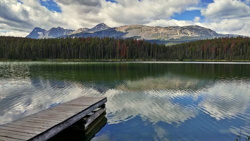 Scenic view of lake by mountains against sky