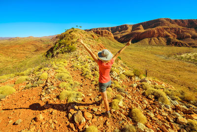 Rear view of person standing on mountain