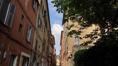 Houses by street in city against sky