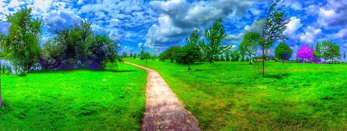 Scenic view of grassy field against cloudy sky