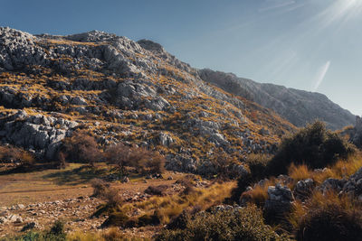 Aerial view of land and mountains against sky