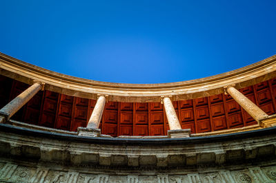 Low angle view of building against clear blue sky