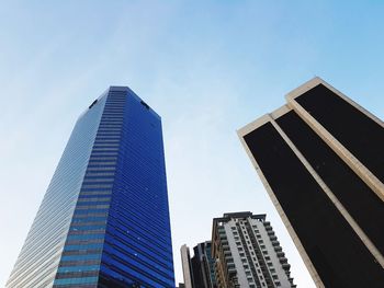 Low angle view of modern buildings against clear blue sky