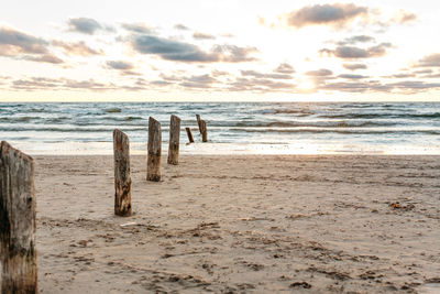 Scenic view of wooden posts leading to sea