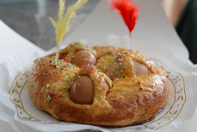 Close-up of dessert in plate on table