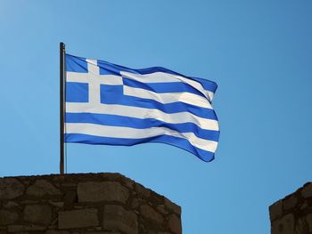 Low angle view of flag against clear blue sky