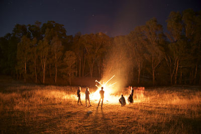 People by campfire in forest at night