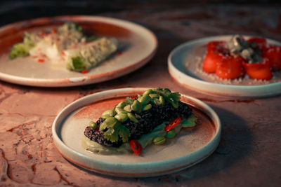 High angle view of food in plate on table