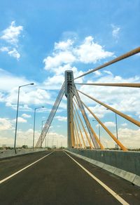 Low angle view of suspension bridge against sky