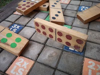 High angle view of wooden blocks