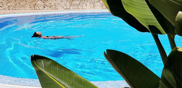 High angle view of man swimming in pool