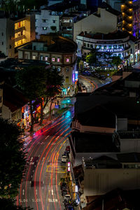 High angle view of light trails on city street