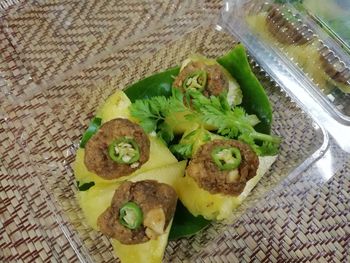 High angle view of food in plate on table