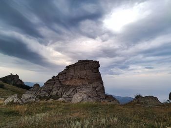 Rock formations on landscape against sky