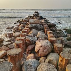 Rocks and wooden posts at beach