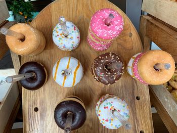 High angle view of doughnuts on table