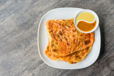 High angle view of breakfast in plate on table