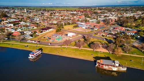 High angle view of buildings in city