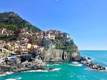 Scenic view of sea against clear blue sky