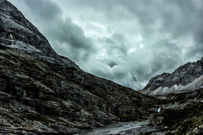 Low angle view of snowcapped mountains against sky