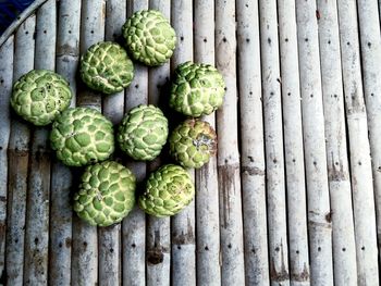 Directly above shot of custard apples on wooden table