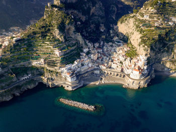 High angle view of boats in sea