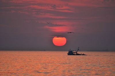 Boat sailing in sea at sunset