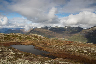 Scenic view of lake and mountains against sky