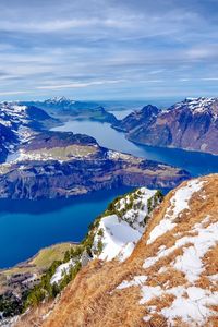 Scenic view of snowcapped mountains and lake against sky